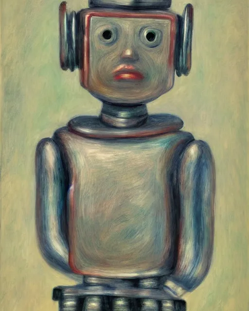 Image similar to portrait of a steel robot with metal face, in the style of Pierre-Auguste Renoir