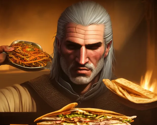 Prompt: 5 5 mm portrait photo of geralt of rivia serving shawarma, in kaer morhen. dark atmosphere. art by greg rutkowski. highly detailed 8 k. intricate. lifelike. soft light. nikon d 8 5 0.