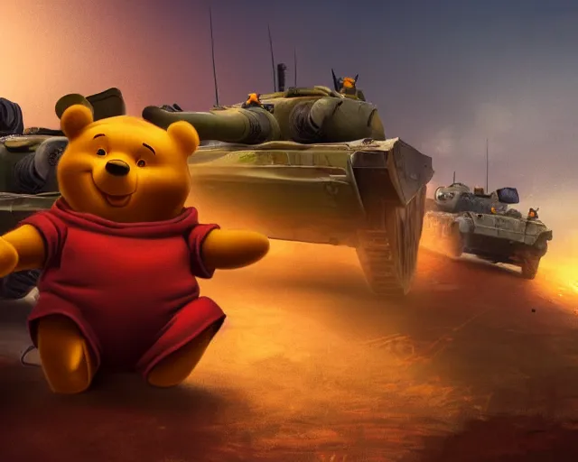 Image similar to defiant winnie the pooh sitting down on road blocking chinese tanks, soldiers approaching, award winning photography, extremely detailed, artstation, 8 k, dramatic lighting