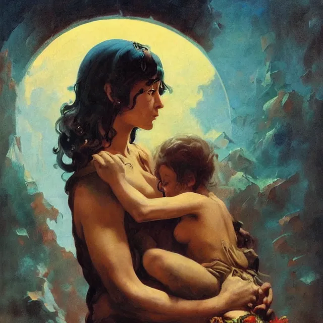 Image similar to an aesthetic! detailed portrait of an aesthetic woman crying mournfully while holding a child, by frank frazetta, oil on canvas, bright colors, art nouveau, epic composition, dungeons and dragons fantasy art, hd, god - rays, ray - tracing, crisp contour - lines, huhd - 8 k