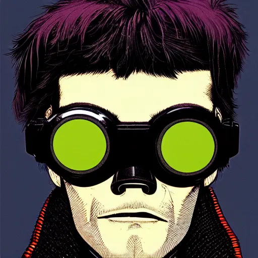 Image similar to close up portrait of a cyberpunk goth guy wearing goggles and eccentric jewelry, by jamie hewlett, jamie hewlett art,