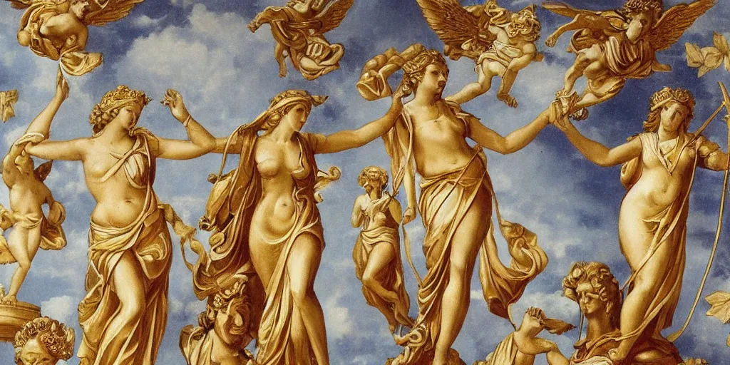 Prompt: saint Woman Venus Athena beautiful gracious baroque marble and gold in space sistina stars clouds winged butterflies greeks