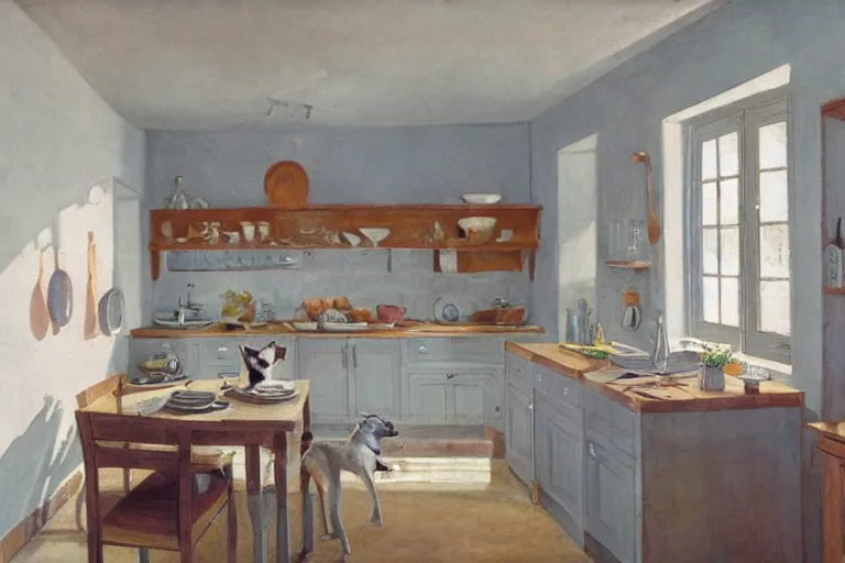 Image similar to Photography of modern Provence style kitchen with cat on the table, photorealism,