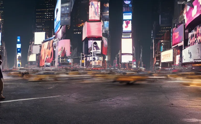 Prompt: a man standing in the middle of Times Square at night, a photorealistic painting by Gregory Crewdson, cgsociety, american scene painting, playstation 5 screenshot, matte painting, cryengine