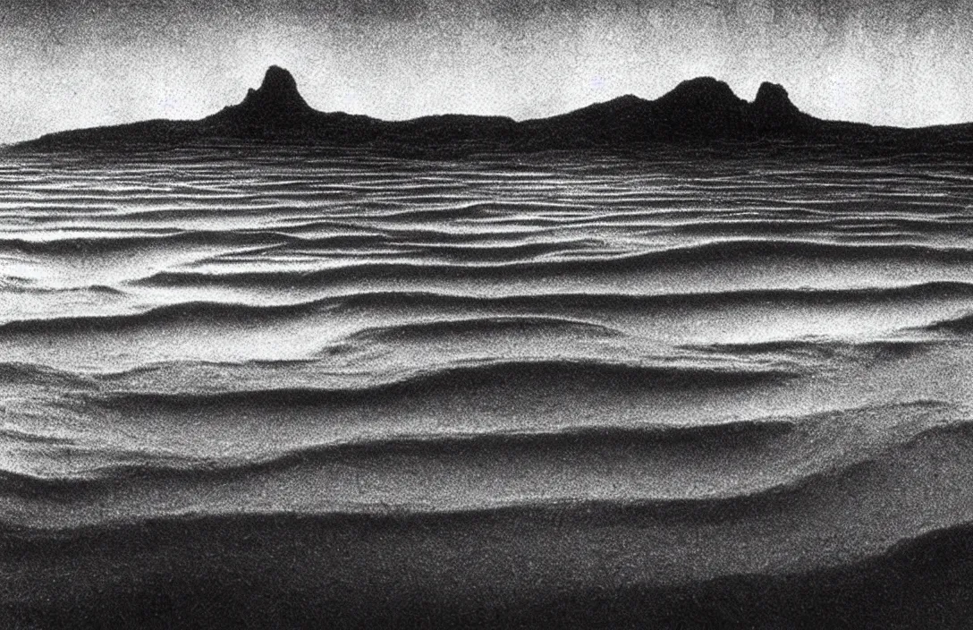 Image similar to minuscule curls of white foam reflection of the hills actually impossible dramatic biblical depictions the margins of a gothic illuminated manuscript intact flawless ambrotype from 4 k criterion collection remastered cinematography gory horror film, ominous lighting, evil theme wow photo realistic postprocessing along the seashore futuristic photograph by robert adams