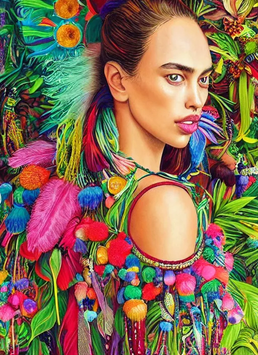 Image similar to beautiful portrait of Irina Shayk wearing fantastic Hand-dyed cotton dress, embellished beaded feather decorative fringe knots ,colorful pigtail,subtropical flowers and plants,summer,dramatic lighting,symmetrical face,intricate,elegant,highly detailed,8k,post-processing,digital painting,trending on pinterest, GUCCI,PRADA,concept art, sharp focus, illustration, by artgerm,Tom Bagshaw,Lawrence Alma-Tadema,greg rutkowski,alphonse Mucha