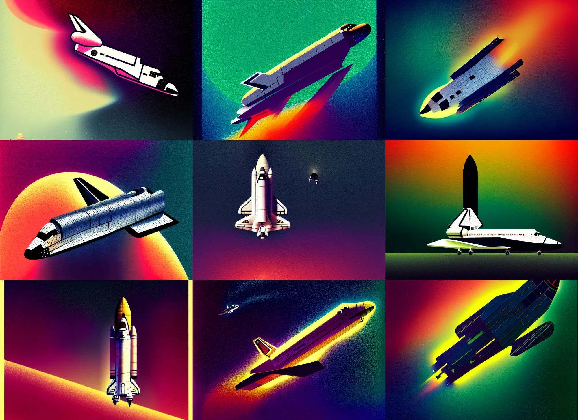 Prompt: portrait of the ( ( space shuttle ) ), colorful, modern art deco, mads berg, karolis strautniekas, christopher balaskas, stippled light, moody, fine texture, editorial illustration, dramatic lighting, dynamic composition, detailed, matte print, dynamic perspective, muted color, ( ( victo ngai ) ), low fog