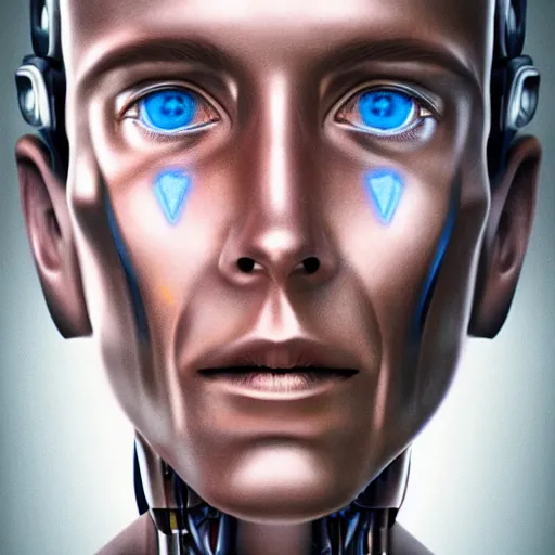 Image similar to a cyborg robot designed by tesla, hyper realistic, detailed portrait,