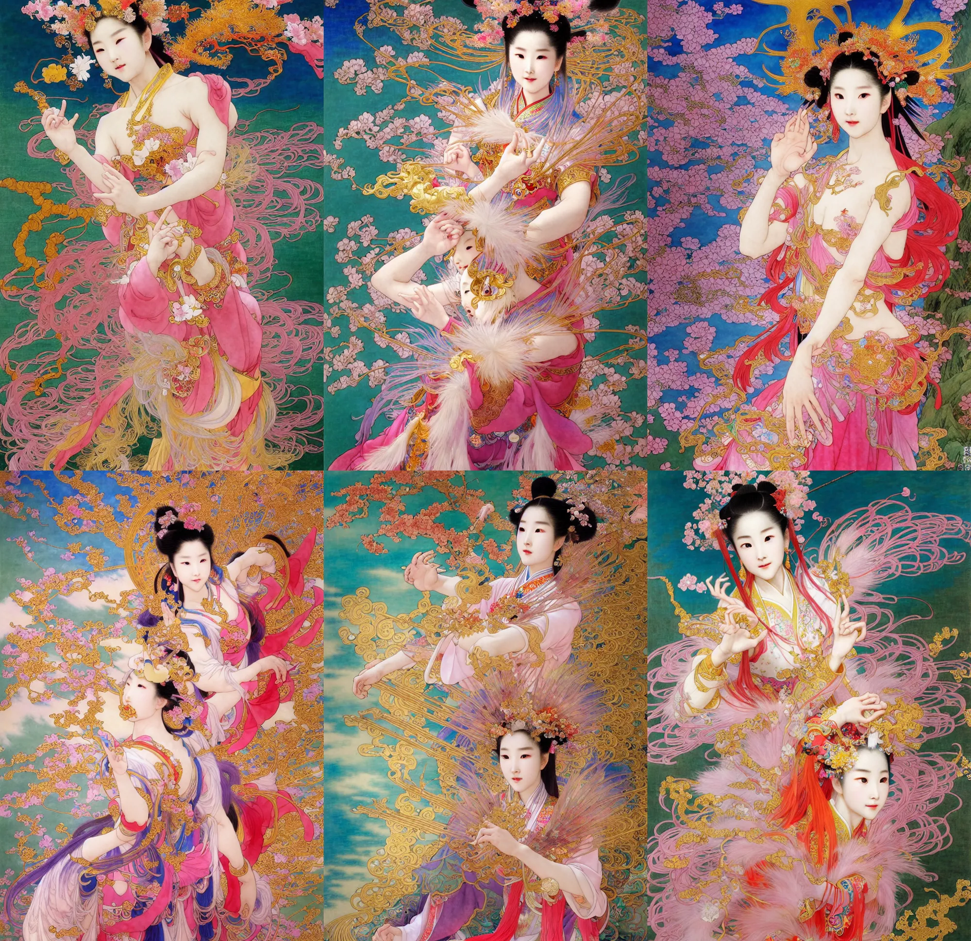 Prompt: chinese taoist fairy goddess played by liu yifei, colorful clothes and feather clothes of the tang dynasty, hyper detailed, character concept, full body, dynamic pose, intricate, lineart, cerpuscular rays, lily flowers. oil painting by yoshitaka amano, alfons mucha, makoto shinkai and john singer sargent. 8 k