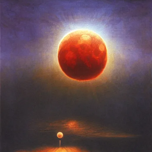 Image similar to nuclear blast moon eclipse, sci - fi, wet brush, poster art, concept art by beksinski and jean delville, illustrated in the style of iain mccaig