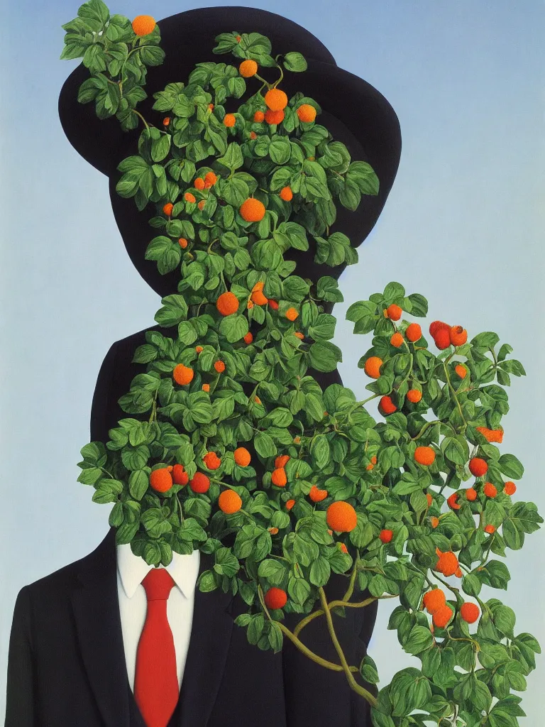 Prompt: portrait of a flower man by rene magritte, detailed painting, hd, hq, high resolution, high detail, 4 k, 8 k