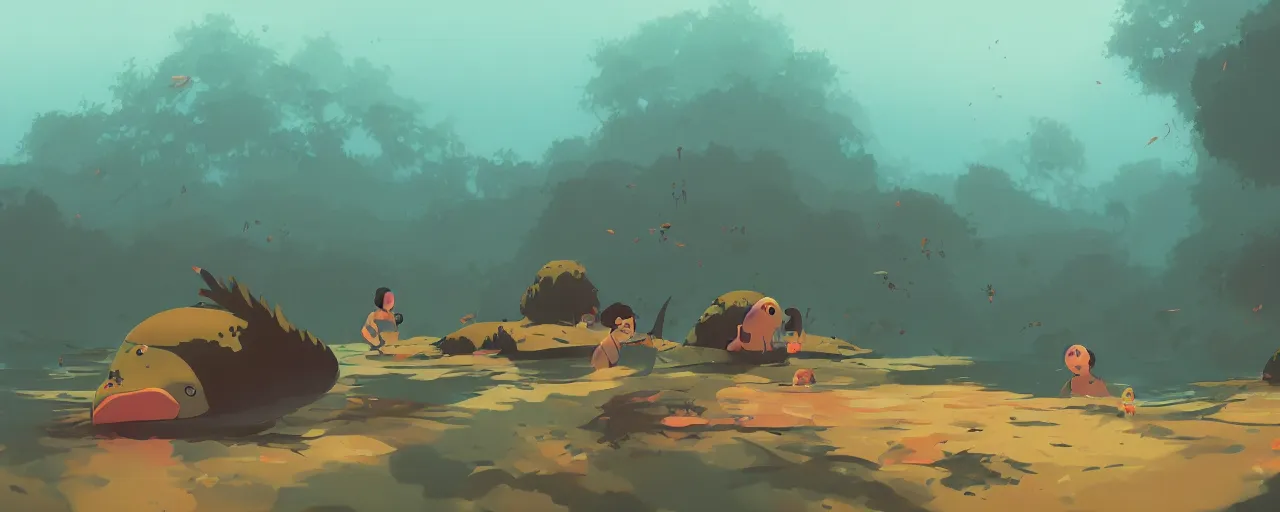 Prompt: piranhas swimming in a tropical river, atey ghailan, goro fujita, studio ghibli, rim light, ominous lighting, clear focus, very coherent