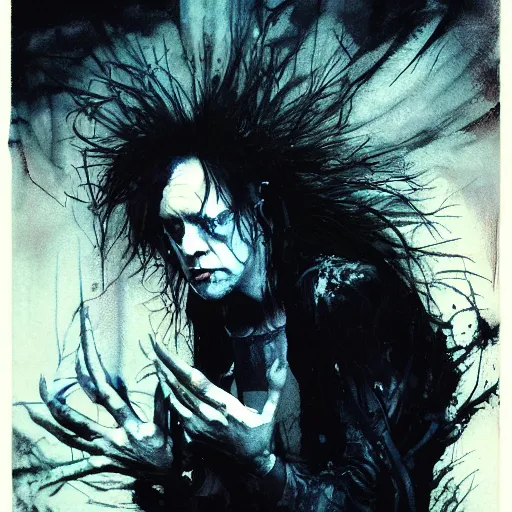 Image similar to gaunt ( the cure fan ) as dream from sandman, sadness, by jeremy mann, by cedric peyravernay, by ben templesmith, by dave mckean and richard avedon, dramatic lightning, dark eye sockets, closed eyes, black t - shirt, 1 9 8 0's, punk rock, gothic, the cure, high detailed, 8 k