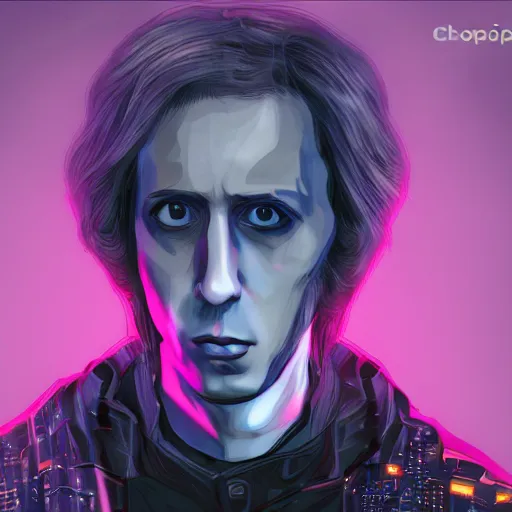 Image similar to Chopin as a cyberpunk character