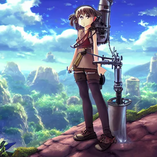 Image similar to girl with steampunk weapons and a steampunk prosthetic left arm, studio ghibli, anime, extremely detailed, landscape background, waterfall, trees, clouds, sky, cinematic lighting,