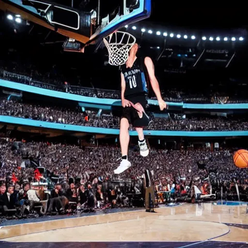 Image similar to photograph of stephen hawking flying through the air in his hovering wheelchair, dunking, highlights of the 2 0 1 9 nba slam dunking contest