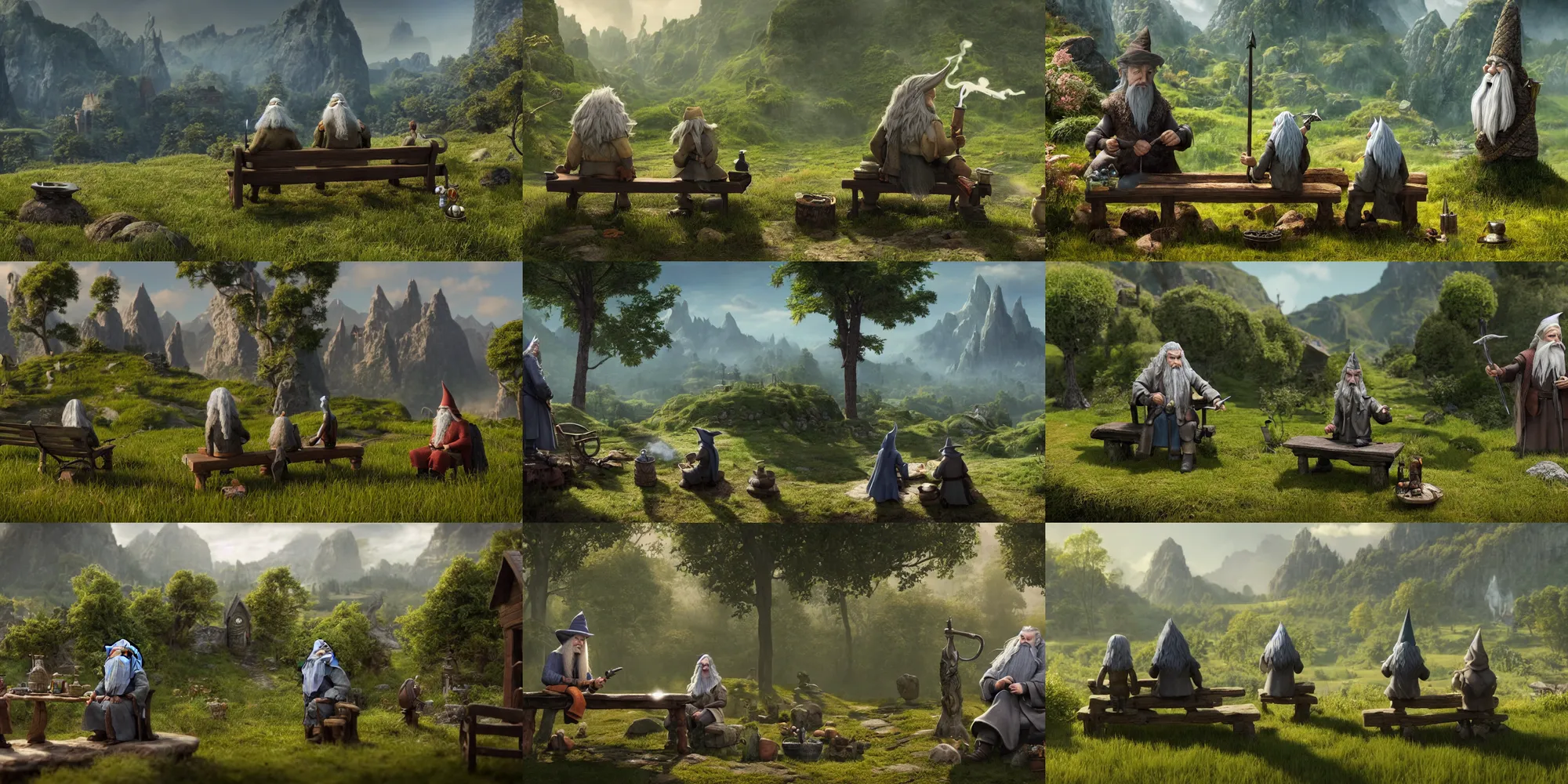 Prompt: a fantasy scene, tall Gandalf gray in the foreground and beside sits gnome Hobbit on a bench and smokes a pipe. On a sunny day , green hills in the background. Detailed and realistic, 4k, top-artstation, inspired lord of the rings, octane render