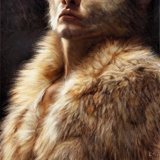 Image similar to half wolf half human hit intricate skin, fur, silicone cover, elegant, peaceful, full body, hyper realistic, extremely detailed, dnd character art portrait, fantasy art, intricate fantasy painting, dramatic lighting, vivid colors, deviant art, artstation, by edgar maxence and caravaggio and michael whelan and delacroix