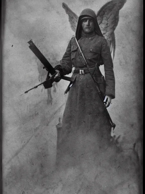 Image similar to portrait of angel of death, ww1 photo, grainy, high detail, high resolution,