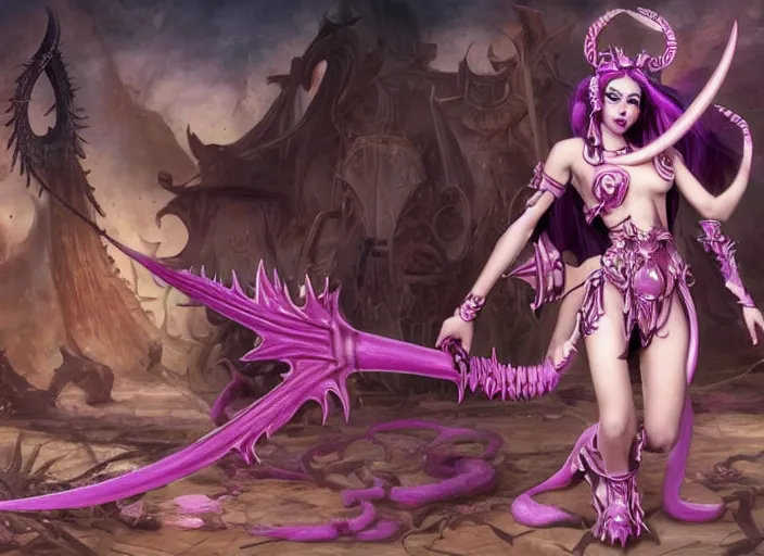 Image similar to Skilled Slaanesh demonette with pink tail and small horns on her head and beautiful long black hair wearing the outfit of slaanesh legions looking at the viewer corrupting an ultramarine space marine, elegant, delicate, powerful, smooth, highly detailed, Artstation, Cgsociety, art by Mark Simonetti and Gil Elvgren and artgerm, mucha, Warhammer illustration, digital art