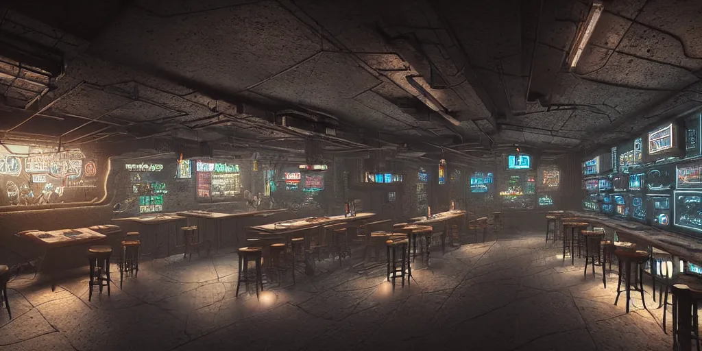 Image similar to Highly detailed realistic photo interior design in style of blend contemporary aesthetics by JAMIE BUSH and Josan Gonzalez of detailed cyberpunk tavern with stone walls and neon lights, a lot of electronics and people, many details by Hiromasa Ogura. a lot of Natural white sunlight from the transperient roof. Rendered in VRAY