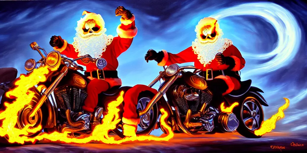 Image similar to ghost rider santa claus have time traveled to warn you from something, dramatic lighting, oil painting