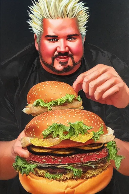 Prompt: centered beautiful detailed front view portrait of guy fieri with ornate burgers growing around, ornamentation, burgers, elegant, beautifully soft lit, by'phil hale '!!'leyendecker '!!! wayne barlowe, peter mohrbacher, kelly mckernan,