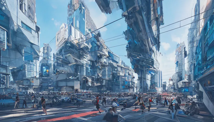 Image similar to pov of futuristic berlin streets with humongous blue buildings, crowded square, sunny day, hyperdetailed, artstation, cgsociety, 8 k