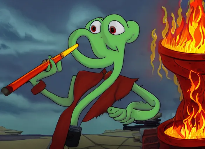 Image similar to squidward wearing fire nation clothing and practicing firebendingoutside at susnset, digital art, highly detailed, intricate, 8 k, sharp focus, photorealistic