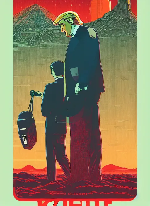 Prompt: a transparent glass movie poster of jake gyllenhaal as president donald trump, risograph by laurie greasley, kawase hasui, josan gonzalez, jean giraud, moebius and edward hopper, colourful flat surreal design, in the style of oxenfree and hollow knight, super detailed, a lot of tiny details, fullshot