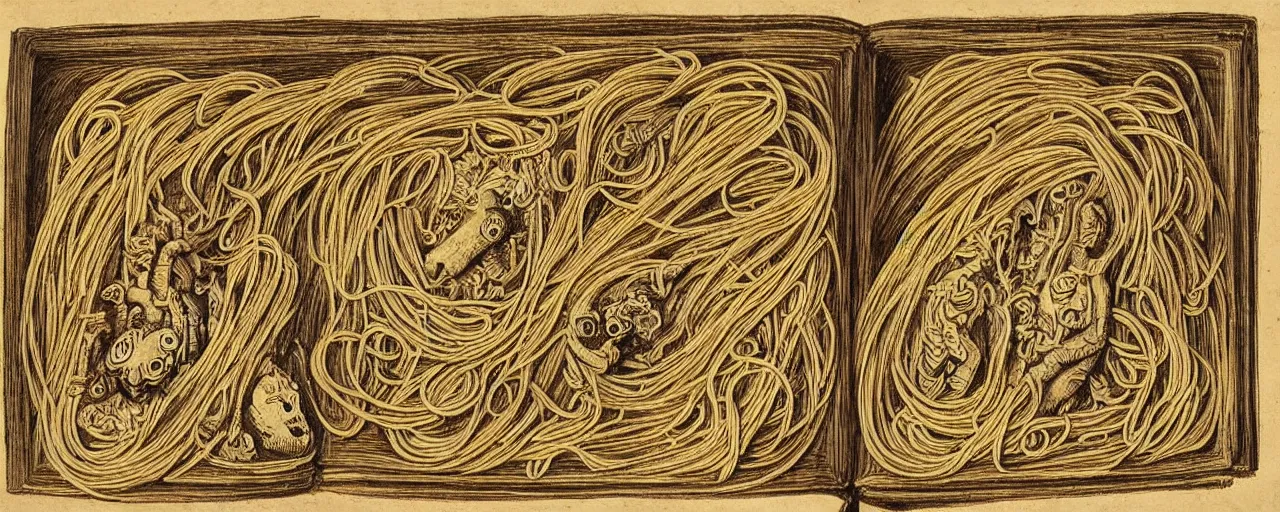 Image similar to ancient book with images of spaghetti, in the style of the book of the dead, fine detail,