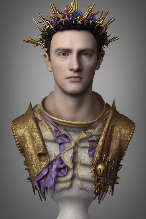 Prompt: a realistic porcelain full-head baroque style bust of handsome young Spanish brunette prince with a spiky hair and a crown made of colored pipecleaners, suspended in outer space, photorealism, octane render, depth of field, 8k, 35mm, artgem, Trending on artstation, padding above head