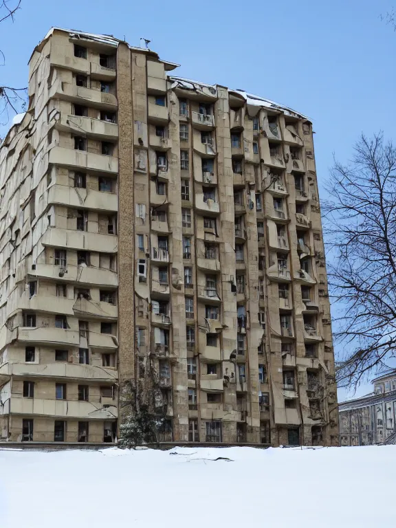 Image similar to soviet apartment building, photo, one full object, front side view