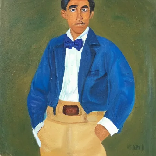 Image similar to A painter. A man, maybe in his mid-thirties. His skin tone is tanned and his hair is cut short. He appears to be some sort of artist, probably a painter. He is wearing a blue jacket, white dress shirt, and blue plaid bow tie. His pants are brown and he has a belt around his waist.