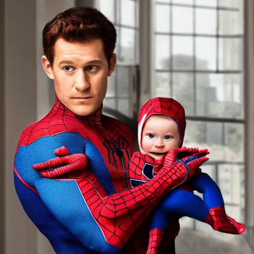 Image similar to realistic photo of spiderman holding baby wearing spiderman costumes, an film still