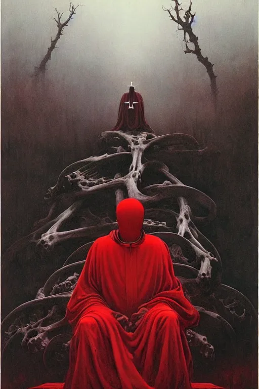 Image similar to a priest with no face, wearing red robes, sits on a throne of bones, gothic horror, surrealism Part Beksinski painting, part by Adrian Ghenie and Gerhard Richter, part by Takato Yamamoto. 8k masterpiece