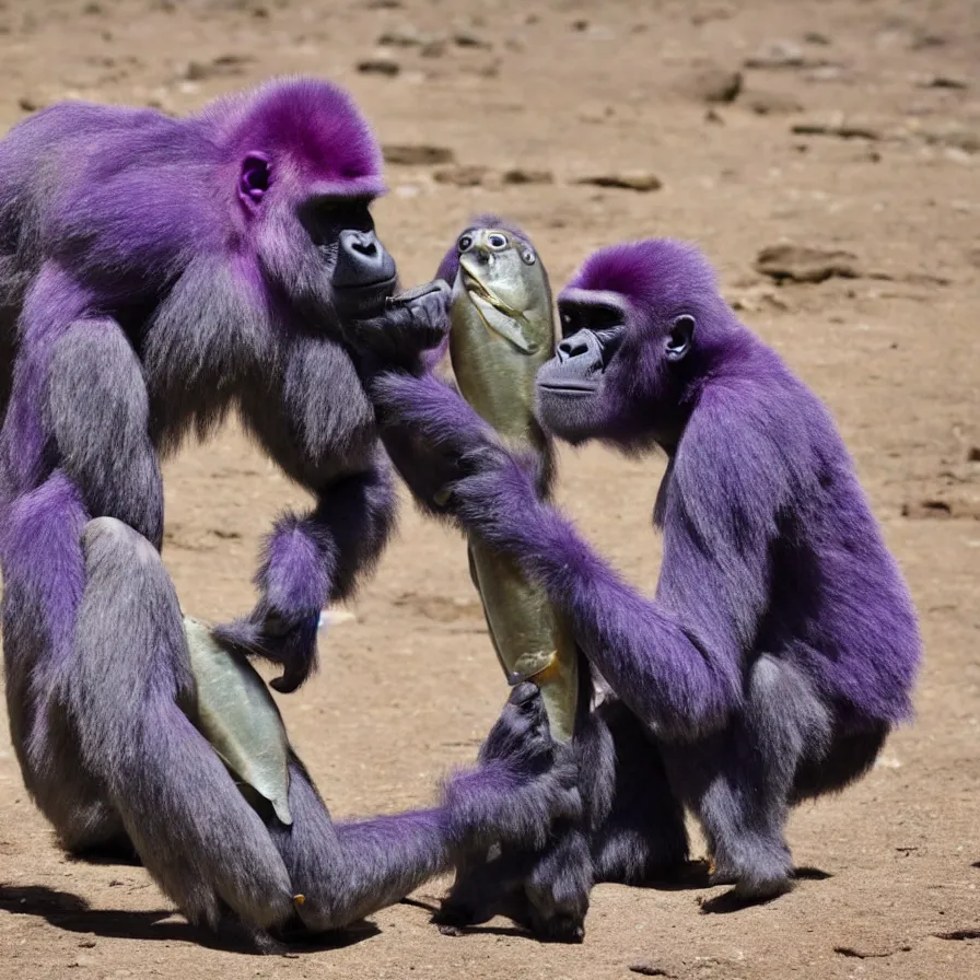 Prompt: photo of a purple gorilla hugging a generic fish in the desert