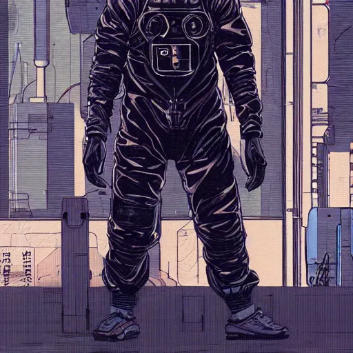 Image similar to cyberpunk japanese man with long limbs and a black spacesuit on a spacewalk, techwear, Industrial Scifi, detailed illustration, character portrait, by Martin Grip and Moebius