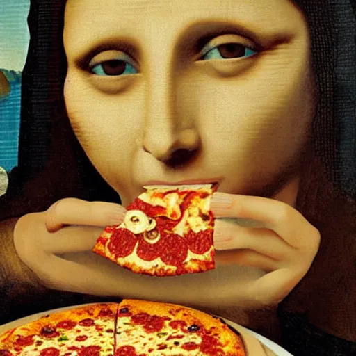 Prompt: | mouth open wide | woman eating pizza | played by ( ( ( ( mona lisa ) ) ) )