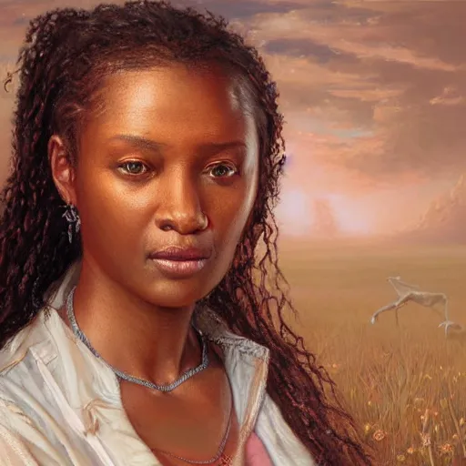 Image similar to portrait of an south african woman ( 3 5 ) from south africa in 2 0 2 1, an oil painting by ross tran and thomas kincade