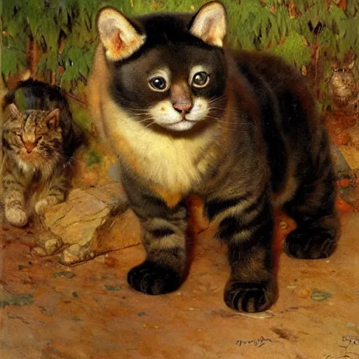 Prompt: a half cat half bear hybrid at a zoo, highly detailed painting by gaston bussiere, craig mullins, j. c. leyendecker