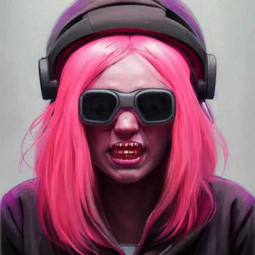 Prompt: Portrait of a woman by Greg Rutkowski, symmetrical face, a girl withj neon pink bob hair wearing a VR Headset, Kubric Stare, crooked smile, she's wearing an oversized hoodie, highly detailed portrait, scifi, digital painting, artstation, book cover, cyberpunk, concept art, smooth, sharp foccus ilustration, Artstation HQ