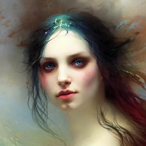 Prompt: three-quarters portrait with papery flaking skin, piercing multi-colored eyes, and under water flowing hair, dreams of the fae; painted in oil on canvas; surrealism by Aleksi Briclot and Ivan Aivazovsky