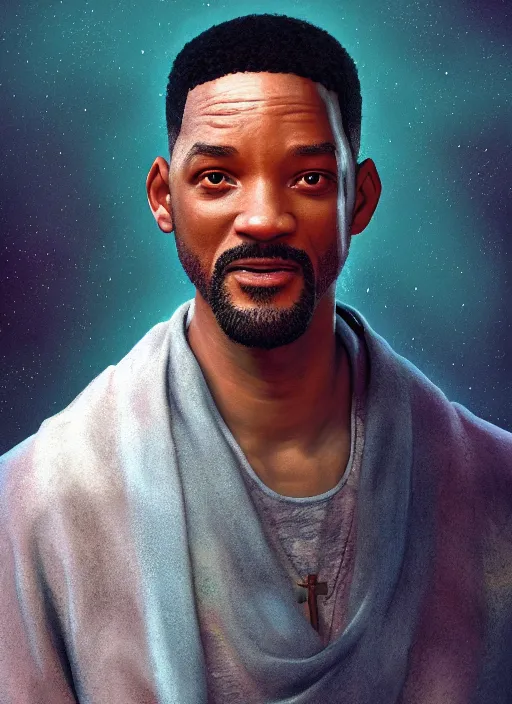 Image similar to portrait of will smith as jesus, au naturel, hyper detailed, digital art, trending in artstation, cinematic lighting, studio quality, smooth render, unreal engine 5 rendered, octane rendered, art style by klimt and nixeu and ian sprigger and wlop and krenz cushart.