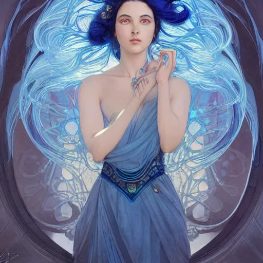 Image similar to goddess, blue hair, intricate, elegant, ethereal, highly detailed, retro, digital painting, artstation, concept art, smooth, sharp focus, full shot, illustration, art by artgerm and greg rutkowski and alphonse mucha