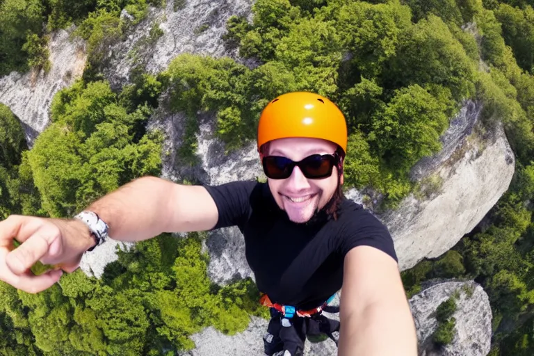 Prompt: selfie falling off a cliff high angle