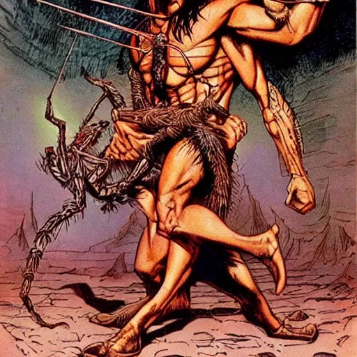 Prompt: “ conan the barbarian attacks a giant spider with red eyes ” val semeiks, barry windsor smith, john buscema, ernie chan, earl norem.