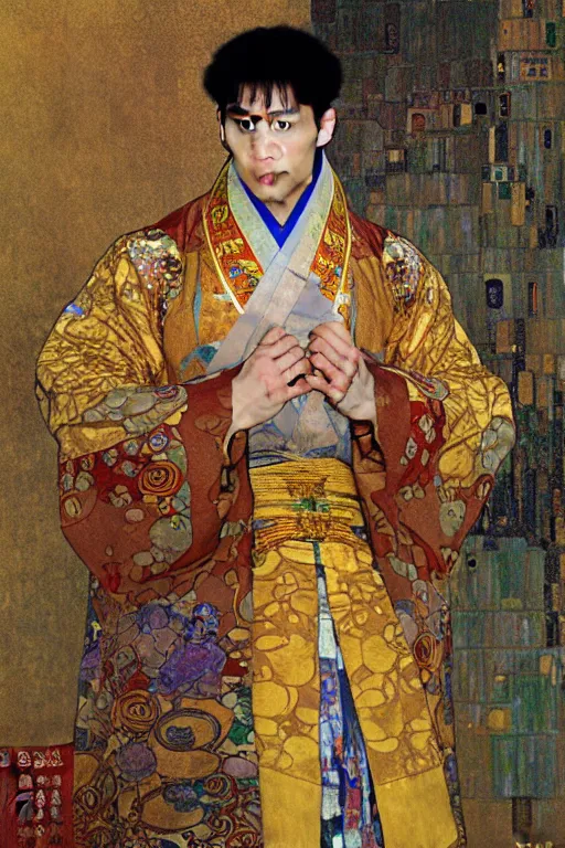 Image similar to a man wearing hanfu, muscular, detailed face, correct face, cyberpunk chinese ancient castle, fantasy, painting by Gustav Klimt, greg rutkowski and alphonse mucha