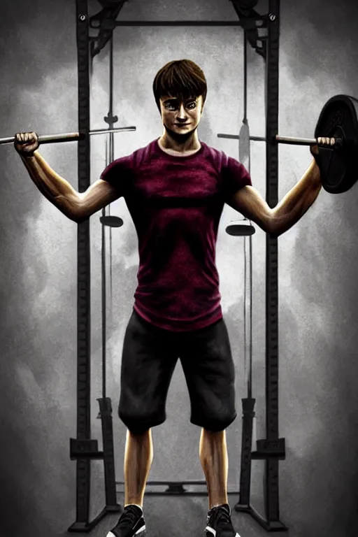 Image similar to highly detailed rendering of Daniel Radcliffe as Harry Potter doing barbell back squats, dingy workout gym, wearing a muscle tee shirt, muscular deep squats, symmetrical, highly detailed, digital painting, artstation, concept art, smooth, sharp focus, illustration, cinematic lighting, art by artgerm and greg rutkowski and alphonse mucha