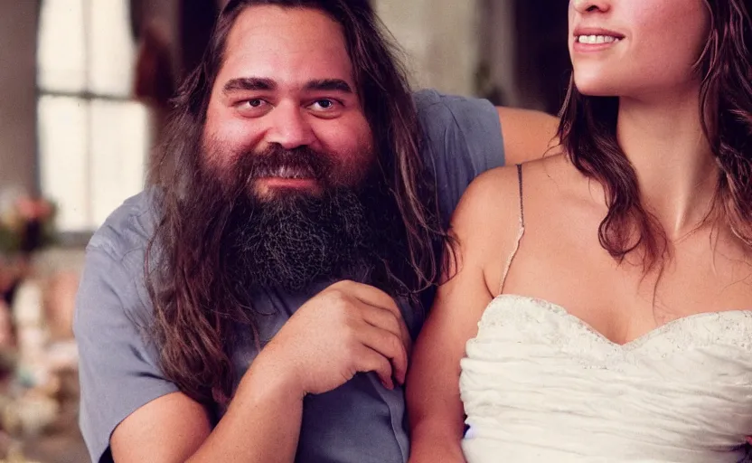 Image similar to movie still close-up portrait of Alicia Vikander happily marrying a morbidly obese bearded nerd, by David Bailey, Cinestill 800t 50mm eastmancolor, heavy grainy picture, very detailed, high quality, 4k, HD criterion, precise texture and facial expression